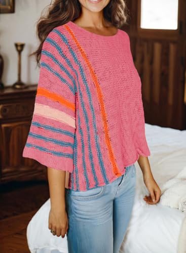 Image of Dokotoo Womens 2026 Spring Summer Casual Crewneck 3 /4 Sleeve Striped Lightweight Knit Trendy Boho Tops Pullover Sweaters