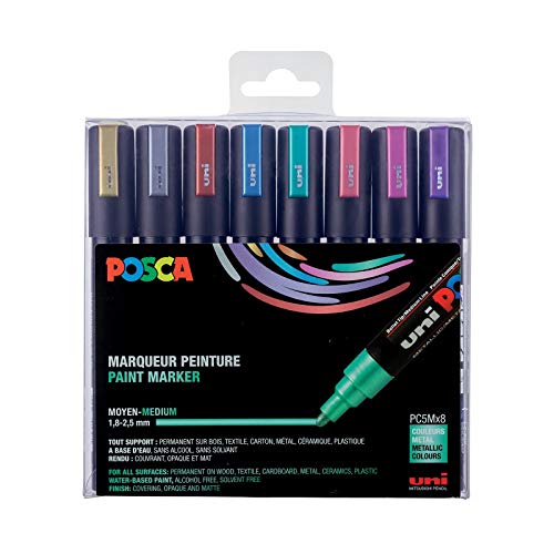 POSCA - Uni Mitsubishi Pencil - 8 Marqueurs PC5M - Pointe Conique - Couleurs Métalliques - Posca Pointe Moyenne - Marqueurs Peinture à Base d'Eau -Tout Support - Pour Papier, Textile, Verre, Galet, Bois