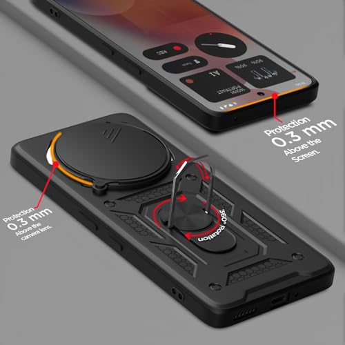 Image of Pikkme Back Cover for Nothing Phone 3a Pro 5G | 360 Protection Case | Sliding Camera Shield Cover & Ring Holder Stand D10 Tough Armor Bumper Case (Black)