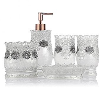 LAGUTE 5PCS Vintage Classic Luxury Bathroom Bath 3D Decor Accessories Collection Set for Hotel & Home with Soap dispenser, Toothbrush Holder, Toothbrush Cup, Soap Dish (White)