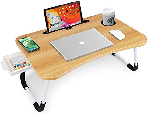 Lap Desk Foldable Bed Table Portable Multi-Function Lap Bed Tray Table with Storage Drawer and Cup Slot, Notebook Stand Breakfast Bed Tray for Sofa, Bed, Terrace, Balcony, Garden