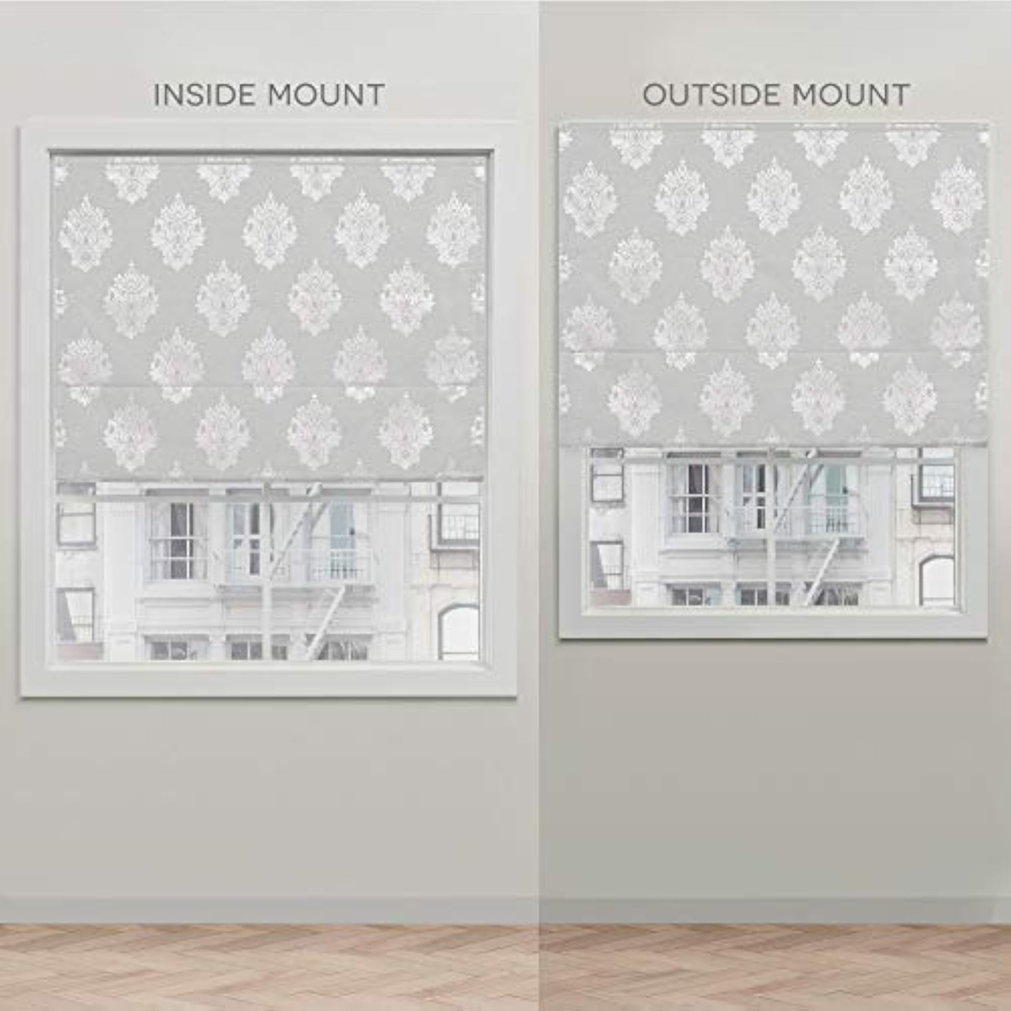 Marseilles Damask 100% Blackout Roman Shade, Silver