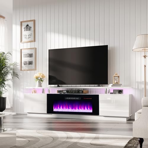 Image of AMERLIFE 80 inch High-Gloss Fireplace TV Stand with 40 inch Electric Fireplace | White /Black LED TV Console, Modern Living Room Entertainment Center, Fits TVs up to 90 inch, 2 Cabinets, 2-Tier Storage Space