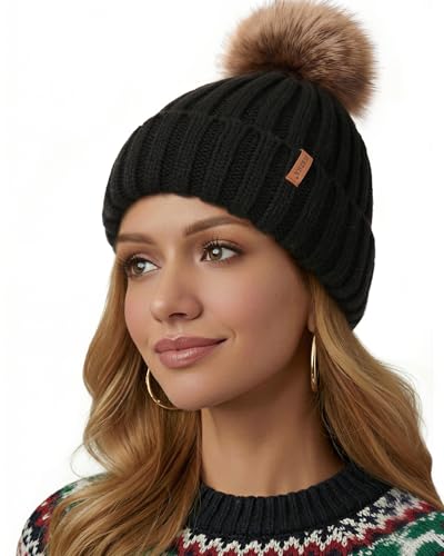 FURTALK Winter Beanie Hats for Women Fleece Lined Pom Pom Knitted Warm Caps
