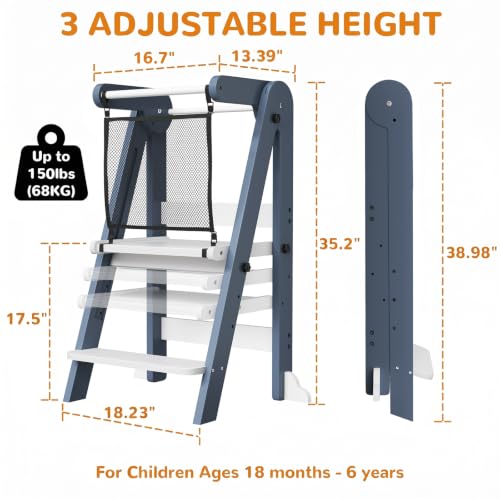 Image of ROOMTEC Foldable Toddler Kitchen Tower, 3 Adjustable Height Wooden Step Stool, Toddler Standing Tower with Safety Net (Blue)