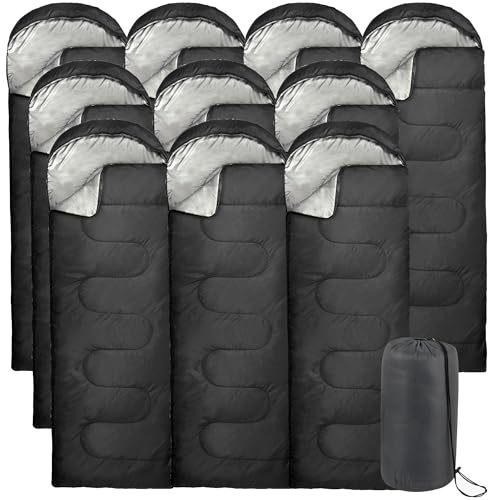 10 Pack Sleeping Bags for Adults Cold Weather Bulk for Homeless People, 4 Seasons Warm or Cold Lightweight Indoor Outdoor Backpacking, Camping (All Black Pack)
