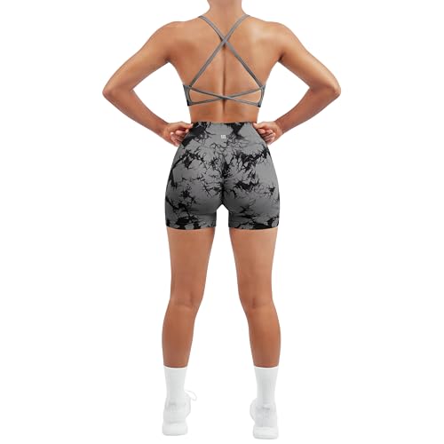 Image of SUUKSESS Women Seamless Workout Sets Strappy Sports Bra High Waist Booty Shorts Outfits