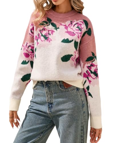 Image of Women's Flower Sweater Crew Neck Casual Long Sleeve Drop Shoulder Pullover Sweaters Knit Top