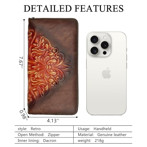 Image of Wallet Genuine Leather for Women - with RFID Blocking Card checkbook ID Slot Large Capacity Vintage style (floral coffee)