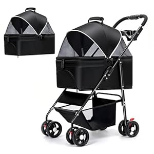 3-in-1 Dog Strollers for Small/Medium Dogs Cats,4 Wheels Pet Stroller,Detachable Carrier Basket,Breathable Mesh,Storage Basket,Cup Holder,Weather Cover,Black