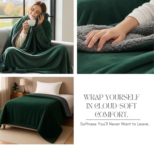 Image of SANMARINO Premium Sherpa Blanket | 350 GSM, Ultra-Soft & Cozy Single Bed Blanket (223x142 cm, 1100 g) | Warm Winter Blanket for Bedroom (Green & Grey, Single 1.1Kg)