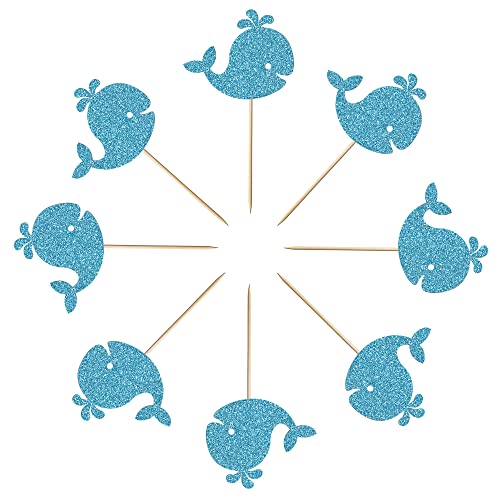 Trelsan 24 Piece Whale Cupcake Toppers - Blue Glitter Baby Shower - Birthday Party Sea Life Themed Cake Toppers #TOP2