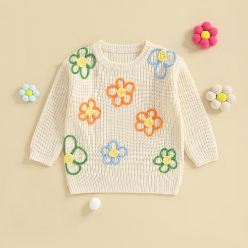 Karwuiio Little Girls Knit Sweaters Long Sleeve Round Neck Flower Embroidery Pullover Knitwear2
