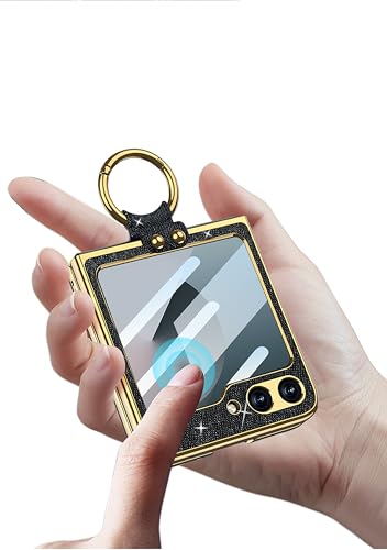 Image of BOUNCEBACK Pu Leather Shiny Bling Electroplated Case /Cover with Ring Holder Cover for Samsung Galaxy Z Flip 6 / Galaxy Flip 7 FE Back Case Cover - (Faux Leather | Shiny Black)