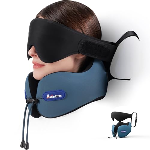 Air Neck Free Oreiller de Voyage Travel Neck Pillow, Support Ergonomique 360° pour la Tête et Le Cou,Combo avec Masque de Nuit 3D, Anti-Basculement,Idéal pour Avion,Voiture,Train et Maison–Turquoise