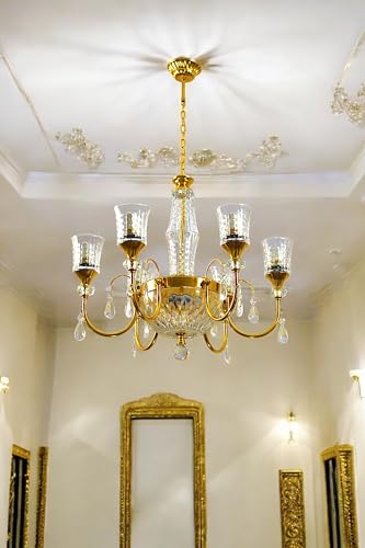 Image of Prop It Up Crystal Glass Chandelier, 6+1-Light Gold Finish, Elegant Pendant Ceiling Light with Decorative Drops, Without Bulb