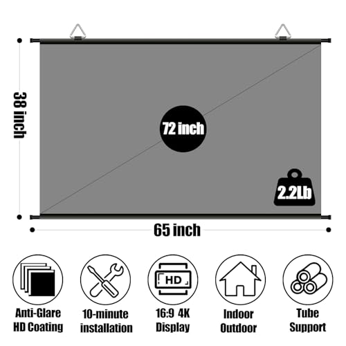 XIAOHUI 72 inch Projector Screen, Portable Projector Screen Indoor Outdoor Movie Screen with 2 pcs Adhesive Hook, 4K Wall Mount Projection Screen for Room, No Drilling, Anti-Light Coating, 16:9 HD by XIAOHUI - Used condition - Image 8