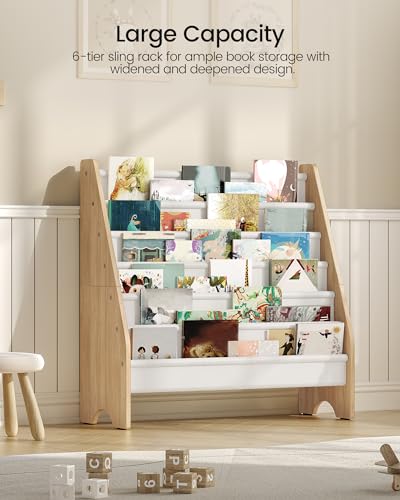 Image of CHOEZON 6-Tier Kids Bookshelf, Book Shelf for Kids Room, Sling Bookcase, Magazine and Book Storage Rack, Large Capacity Book Organizer for Nursery, Bedroom, Playroom, White and Natural MCW07WB
