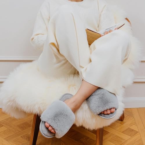LongBay Women's Fuzzy Faux Fur Memory Foam Slides Comfy Open Toe House Shoes