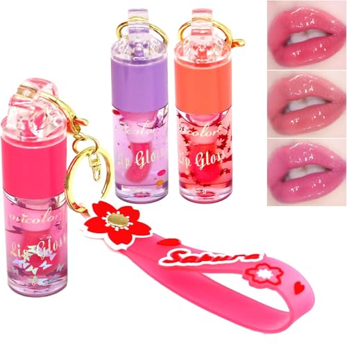 3-Teiliges Feuchtigkeitsspendendes Lipgloss-Set, Schimmernd, Glänzend, Hochglänzendes Glas-Finish, Lippen-Jelly-Make-up für Kinder und Jugendliche, Sakura-Schlüsselanhänger-Design, ein Partygeschenk