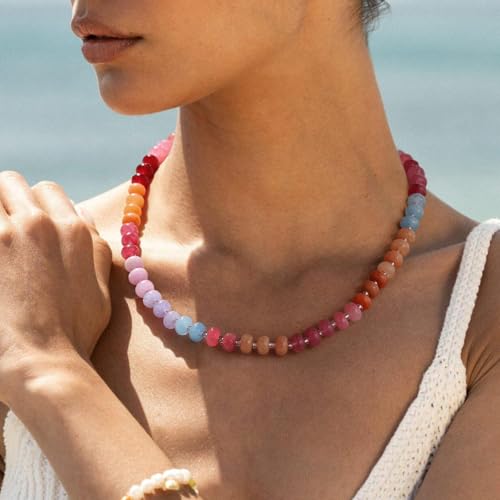 KELORIS PATH Beaded Gemstone Necklaces for Women, Boho Colorful Bead Choker Necklace, Natural Stone Handmade Summer Jewelry for Beach3