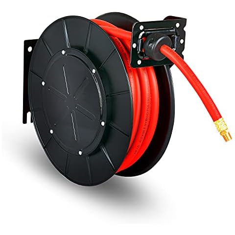 ReelWorks Air Hose Reel Retractable 3/8" Inch x 50' Foot Hybrid Polymer Hose Max 300PSI Polypropylene Drum Construction Cover