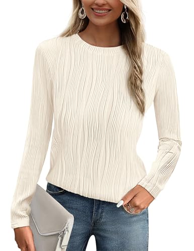 PRETTYGARDEN Long Sleeve Tops for Women 2025 Spring Fall Trendy Business Dressy Casual Shirts Crewneck Textured Blouse