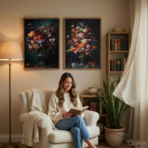 Image of Livin'luxe Vintage Floral Vase Wall Painting Set of 2 with Wooden Frames | Classic Flower Bouquet Artwork HD Sparkle Laminated MDF Wall Decor | Elegant Botanical Wall Art for Living Room Bedroom