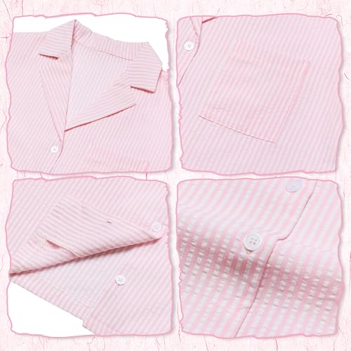 Image of Ammiko Womens Pajamas Set Y2k Loungewear Pajama Button Down Top and Shorts Monkey Beach Short Sleeve Preppy Sleepwear Pink Stripe XL