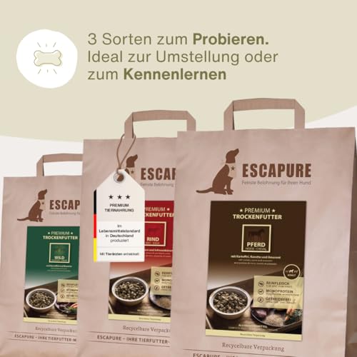 ESCAPURE Trockenfutter Testpaket – Gebackenes Premiumfutter mit 98% Fleisch – Monoprotein, getreidefrei, ohne Zusatzstoffe – Für alle Altersklassen (3x1,5kg)