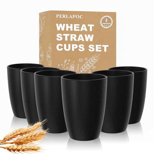 Image of Plastic Black Drinking Cups Set of 6, 12 OZ Reusable Cups for Kids | Unbreakable and Stackable Wheat Straw Cups for Family Drinks, Kitchen, Picnic, Camping