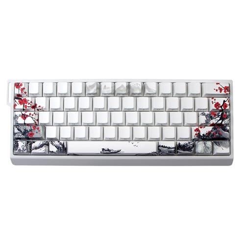 JSJTKeys Plum Blossom Theme White Keycap PBT Side-Printed Translucent Keycaps 74 Keys Cherry Profile Keycap Set Suitable for Cherry MX Switches 60/61/65/67/68 Mechanical Keyboards(Key Caps Only)