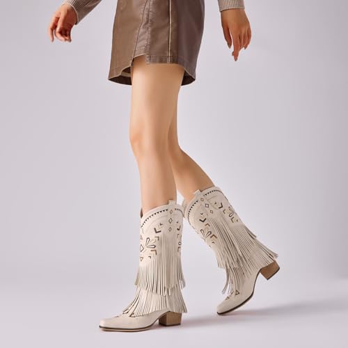 Cowboy Boots for Women Fringe Embroidered Knee High Western Cowgirl Boots Pointed Toe Chunky Heels4