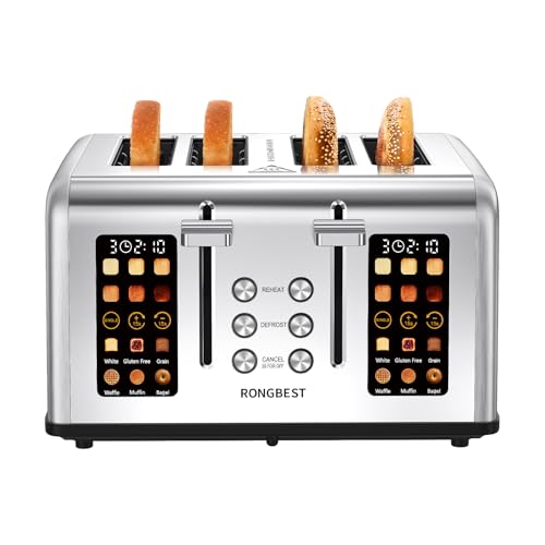 4 Slice Touch Screen Toaster, Stainless Steel Toaster with Wide Slots for Bagels and Bread, Reheat/Defrost/Cancel Functions, Removable Crumb Tray, Silver