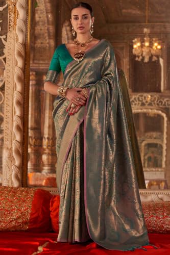 Image of SWORNOF Women's Silk Kanjivaram Kanchipuram Saree With Blouse Piece