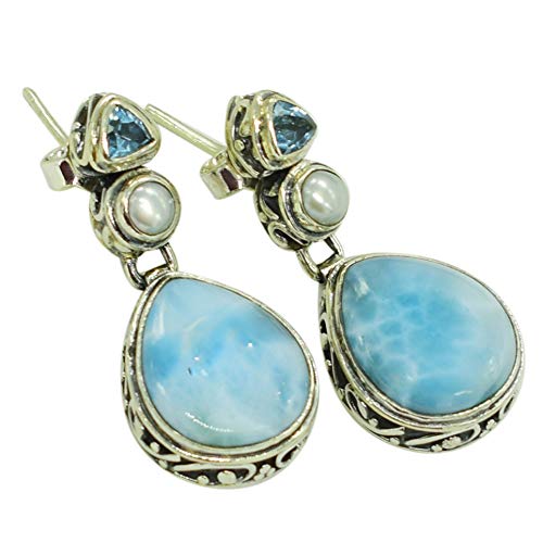 Boucles d'oreilles Larimar anti-irritation en argent et topaze bleue légères 16 mm