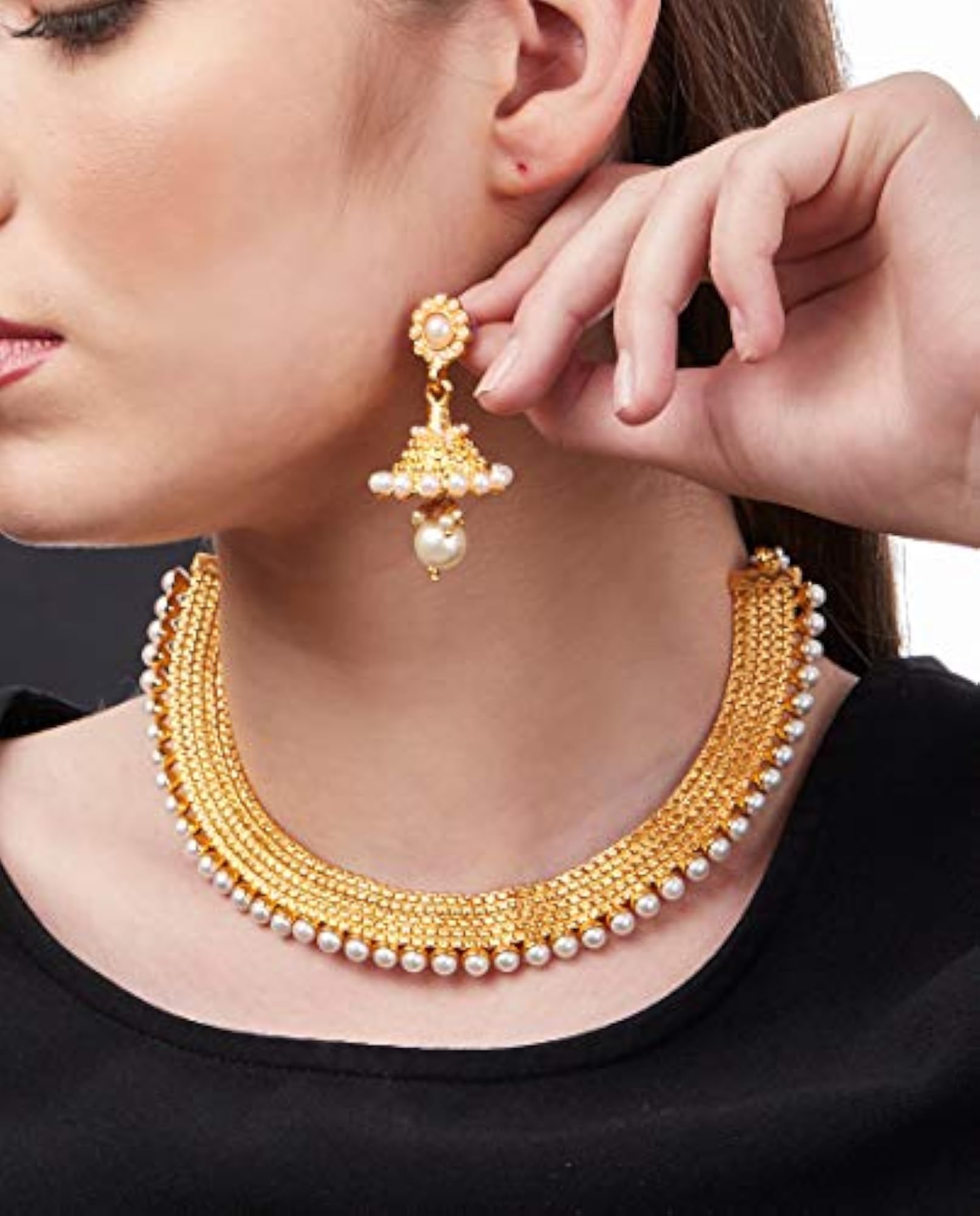 Traditional Pearl Plated Necklace Earrings Combo Set