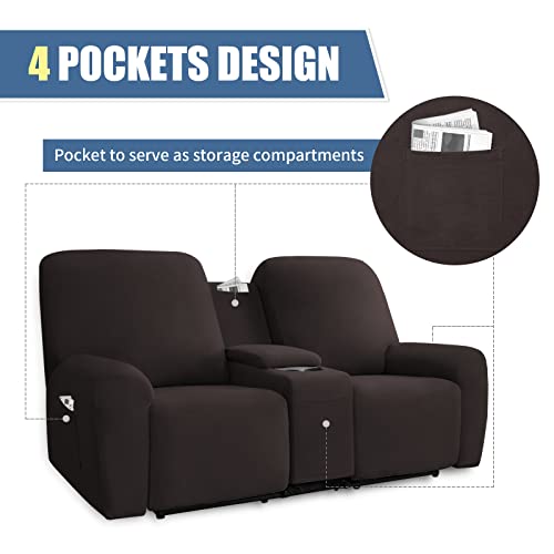 Image of Easy-Going Stretch Recliner Loveseat Cover with Center Console Sofa Slipcover Soft Fitted Fleece 2 Seats Couch with Holder and Storage Washable Furniture Protector Chocolate