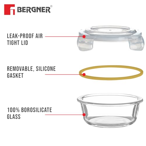 Image of BERGNER Borosilicate Glass Side Lock Round Storage Container for Kitchen with Air-Tight and Leakproof Lid, BPA Free, Microwave and Oven Safe, Removable Silicone Yellow Gasket, 400 ml each (Set of 2)