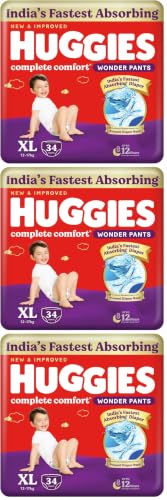 Image of Huggies Complete Comfort Wonder Pants | Pant Style Baby Diapers Extra Large Size (XL), 34 Count | India's Fastest Absorbing Diaper, Prevents Diaper Rash, Ideal for 12 to 17 Kgs (Pack of 3)