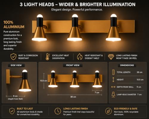 Image of FILLISKA 3 in 1 Double Wall spot /Picture /Display /Mirror Light with Adjustable Head and Colour Changing Function (18 Watt Black & Gold-747)