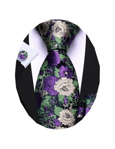 Image of Barry.Wang Flower Ties for Men Handkerchief Cufflinks Set Wedding Necktie Set Party