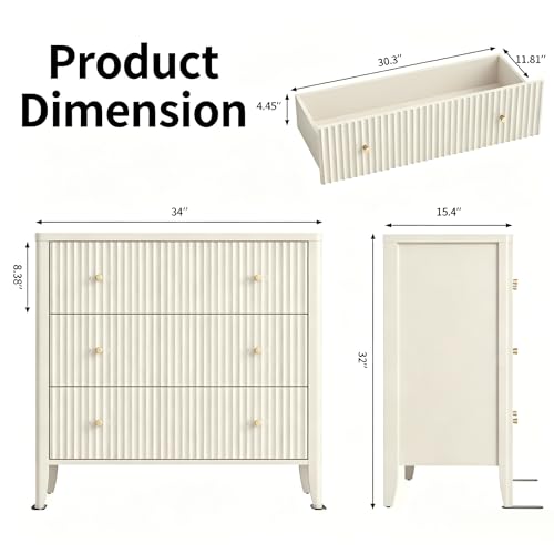 Image of Fatmok Fluted 3 Drawer Dresser for Bedroom, 34 inch Wide Chest of Drawers, Modern Wood Nightstand End Table with Metal Handles, Striped Storage Cabinet for Living Room, Hallway, Entryway, Alabaster White