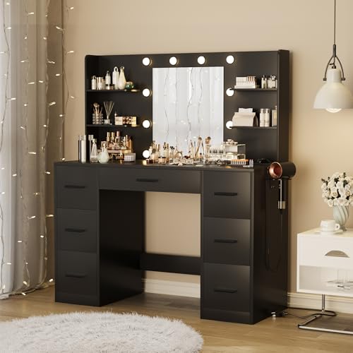 Image of Furmax Vanity Desk with Mirror, LED Lights and Power Outlet Makeup Vanity Table with 7 Drawers and 6 Storage Shelves Dressing Table for Bedroom Dressing Room (Black)