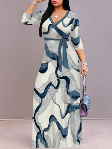 Image of Women Plus Size Long Sleeve V Neck Maxi Dress with Belt | Soft fabric relaxed fit three quarter sleeve v neck with pockets for party and daily wear