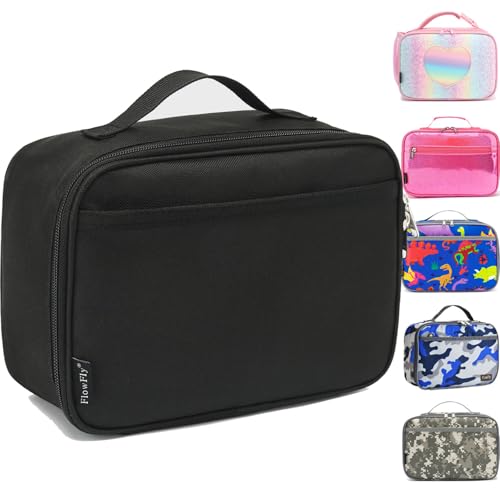 FlowFly Kids Lunch box Insulated Soft Bag Mini Cooler Back to School Thermal Meal Tote Kit for Girls, Boys, Black