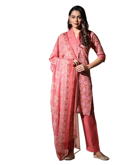 Image of Leriya Fashion Women's Kurta Pant Dupatta Set || Cotton Blend Abstract Leaf Printed Kurti Pant Dupatta Pair || Flattering Front Placket Neck Design || for Outing || Regular Wear