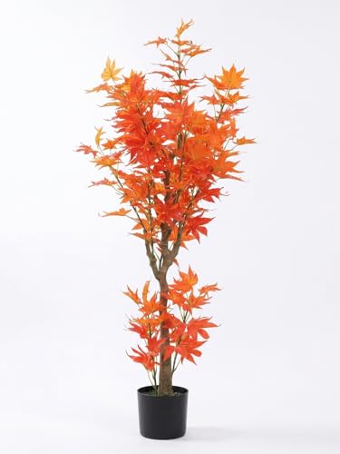 Image of ARICK DECOR 4Ft Artificial Japanese Maple Tree in Pot, Realistic Faux Autumn Orange Maple Plant, Peacock Shaped Floor Decor for Home, Office & Balcony