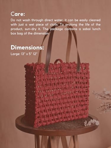 Image of KADAM HAAT Women Handmade Sabai Grass Lunch Bag, Eco-Friendly, Handcrafted, Non-Plastic Lunch Container, Red (Surkhi, Large)