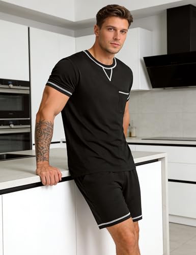 Image of SWOMOG Men Modal Pajamas Set Comfy Sleepwear Short Sleeve Pjs Set Soft 2 Piece Lounge Set Cozy Nightwear with Pockets Black XX-Large
